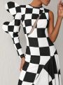 ISELACOS Asymmetric One Shoulder Loop Sleeve Checkers Dress