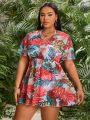 SHEIN Swim Vcay Plus Size Women's Leaf Printed Empire Waist Cover Up Dress