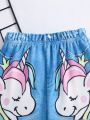 SHEIN Kids QTFun Toddler Girls' Unicorn Printed Denim Look Leggings