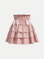 SHEIN Kids EVRYDAY Girls' High Waist Double Layered Jacquard Skirt With Ruffled Trim, Bowknot Decor