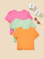 SHEIN Kids EVRYDAY 3pcs Tween Girls' Slim Fit Short Sleeve Knitted Casual T-Shirts With Round Neckline