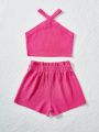 SHEIN Kids EVRYDAY Tween Girls' Knitted Solid Halter Top With Wide-Leg Shorts Two-Piece Set