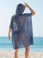 SHEIN Swim BohoFeel 1pc Full Print Batwing Sleeve Hooded Cover Up Dress