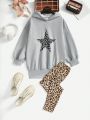 SHEIN Kids EVRYDAY Tween Girls' Knitted Solid Color Star Pattern Hoodie With Loose Fit And Knitted Leopard Print Combined Casual Pants Set