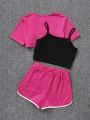 SHEIN Kids EVRYDAY Tween Girls' Knitted Solid Color Short Sleeve Top, Letter Print Tank Top, And Shorts 3pcs/set
