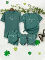 Green Round Neck Short Sleeve T-Shirt With Text Print For Girls