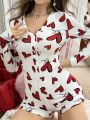 Women's Heart Printed Button Front Romper Pajamas