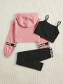 SHEIN Kids EVRYDAY Tween Girl Slogan Tape Panel High Low Hem Hoodie & Cami Top & Colorblock Leggings