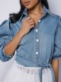 Katalyst Kouture Puff Sleeve Belted Mesh Hem Denim Dress