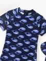 Boys' Whale Cartoon Print One-Piece Swimsuit And Hat