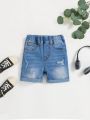 SHEIN Baby Boy Elastic Waist Blue Washed Ripped Summer Denim Short Cuffed Hem Jeans Shorts