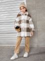 SHEIN Tween Girl Buffalo Plaid Pattern Drop Shoulder Hooded Teddy Coat