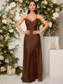 SHEIN Belle Draped Collar Crisscross Backless Satin Bridesmaid Dress