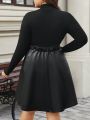 SHEIN Frenchy Women's Plus Size High Neck Long Sleeve Patchwork Midi Dress