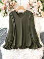 Plus Size Women'S Lace Edge V-Neck Blouse