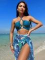 SHEIN Swim Vcay Criss Cross Bikini Set + Tropical Print Beach Skirt