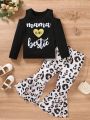 SHEIN Kids Nujoom Little Girls' Casual Hollow Out Shoulder Round Neck Long Sleeve Slim Fit Letter Pattern Printed T-Shirt And Leopard Print Flare Pants With Elastic Waistband Set For Spring And Autumn