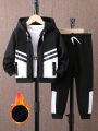 SHEIN Young Boy Striped Print Thermal Lined Drawstring Hooded Jacket & Sweatpants Without Tee