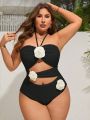 SHEIN Swim Chicsea Plus Size Women's Flower Decorated Halterneck One Piece Swimsuit