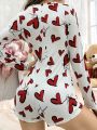 Women's Heart Printed Button Front Romper Pajamas