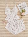 Floral Print Contrast Lace Knot Front Cami Top & Shorts PJ Set