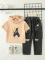 Toddler Boys' Daily Casual Fashionable Cartoon Bear Hooded T-Shirt And Ripped Jeans Set