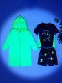 SHEIN Toddler Boys' Reflective Cartoon Bear Pattern T-Shirt, Pants And Shorts 3pcs Set, Swimwear
