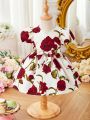 SHEIN Baby Girl 1pc Floral Print Puff Sleeve Belted Dress