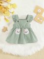 SHEIN Baby Girl Cartoon Embroidery Ruffle Trim Corduroy Dress