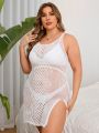 SHEIN Swim BohoFeel 1pc Plus Size Knitted Eyelet Detail Sleeveless Cover Up Dress