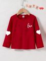 1pc Girls' Heart & Letter Printed One-piece Long Sleeve T-shirt