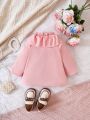 Baby Girl Ruffle Neck Button Front Ruffle Trim Bow Front Coat