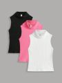 SHEIN Kids EVRYDAY 3pcs/Set Knit Ribbed Turtleneck Casual Vest, For Tween Girls