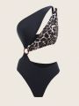 SHEIN Swim SXY Women'S One-Shoulder Leopard Print Swimsuit With Hollow Out Detail