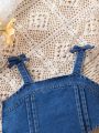 2pcs/Set Baby Girls' Washed Denim Bowknot Cami Top And White Shorts