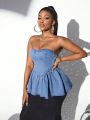 SHEIN SXY Women'S Off-Shoulder Denim Top With Ruffle Hem