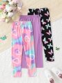 3pcs/Set Young Girls' Comfortable Tie Dye Heart & Butterfly Print Leggings With Elastic Waist, Suitable For Spring And Autumn