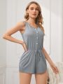 Women's Button-Front Sleeveless Jumpsuit With Shorts For Sleepwear