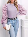 Ladies' Solid Color Stand Collar Slim Fit Bubble Sleeve Top