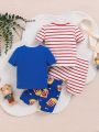 SHEIN Infant Boys' Popcorn Red & White Striped Print Short Sleeve T-shirt And Shorts Four-piece Set