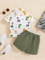 SHEIN Baby Boys' Cartoon Animal Pattern Shirt Collar Casual Top, Pure Color Shorts And Bow Tie 3pcs Set