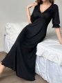 Women's V-Neck Ruffle Trim Home Dressing Gown Sleepwear Nightgown