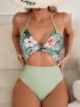 Women's Floral & Botanical Printed Halter One-Piece Swimsuit