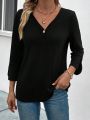 Women's Casual Loose Fit T-shirt With Button Detail In Solid Color