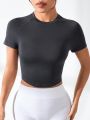 Women's Solid Color Round Neck Short Sleeve Sports T-shirt, Slim Fit