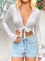 SHEIN WYWH Ladies' Vacation Style Floral Patchwork Lace Trimmed V-Neck Tie Front Crop Top