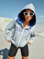 SHEIN Street Sport Text Printed Zipper Hooded Sports Sweatshirt