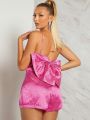 Mienne Jacquard Big Bow Backless Cami Romper