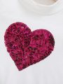 SHEIN Kids Cooltwn Girls' Knitted Love Heart & Sequin Embellished Long Sleeve T-Shirt + Shorts Casual Set