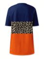 Plus Size Women'S Color Block Leopard Print Short Sleeve T-Shirt